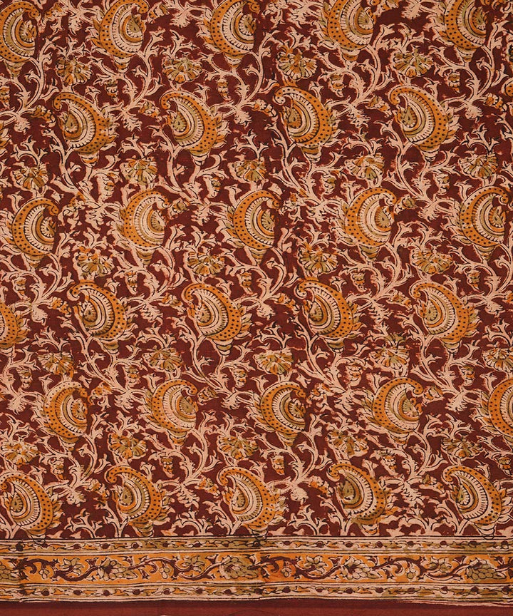 Brown orange cotton handblock printed kalamkari saree