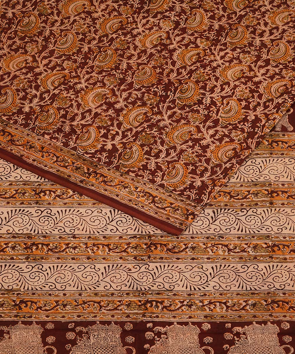 Brown orange cotton handblock printed kalamkari saree