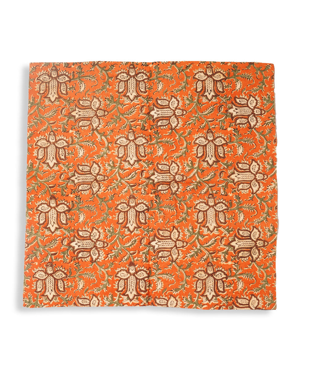 Cream orange cotton hand block print kalamkari cushion cover