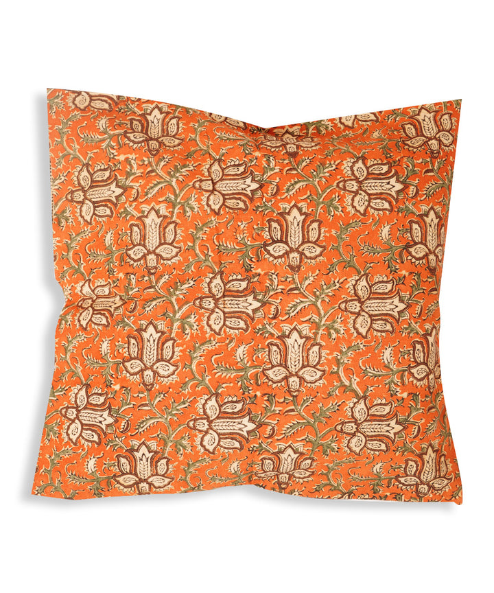 Cream orange cotton hand block print kalamkari cushion cover