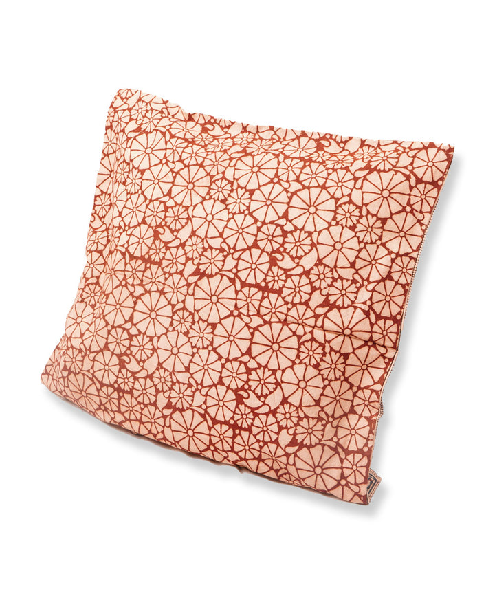 Cream red cotton hand block print kalamkari cushion cover