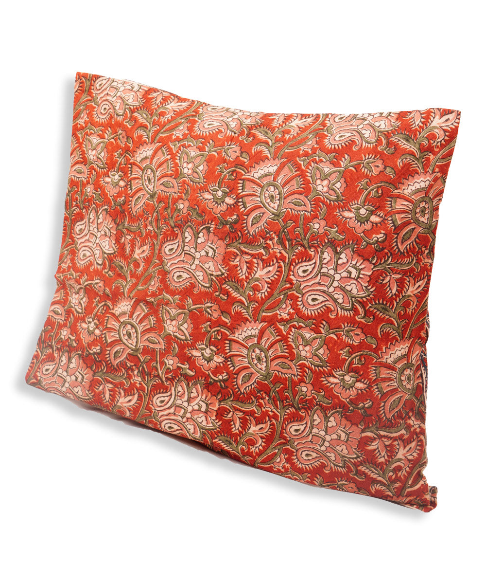 Orange multicolor cotton hand block print kalamkari cushion cover