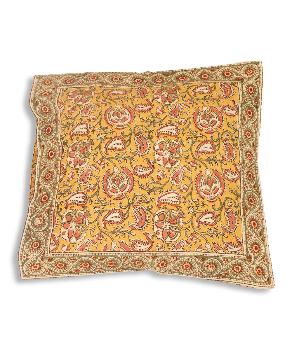 Yellow mustard cotton hand block print kalamkari cushion cover