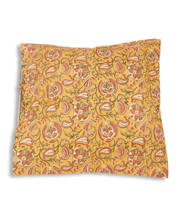 Yellow mustard cotton hand block print kalamkari cushion cover