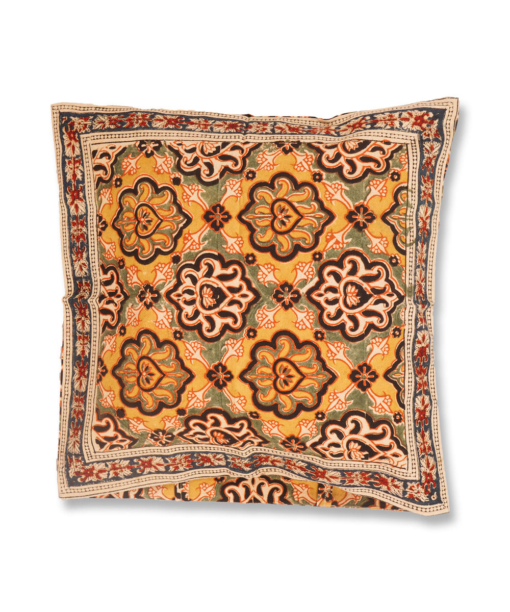 Multicolor hand block printed cotton kalamkari cushion cover