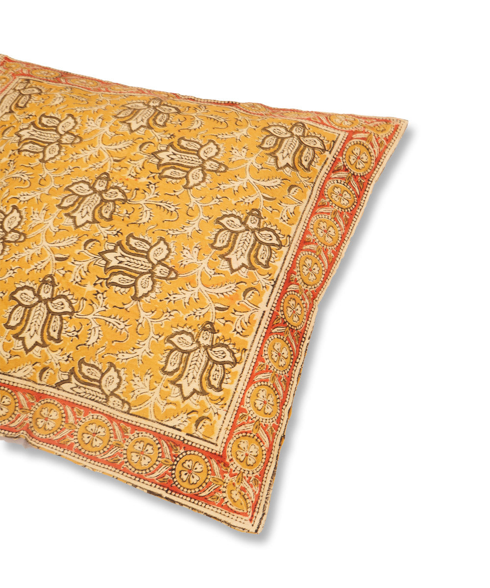 Cream yellow cotton hand block print kalamkari cushion cover