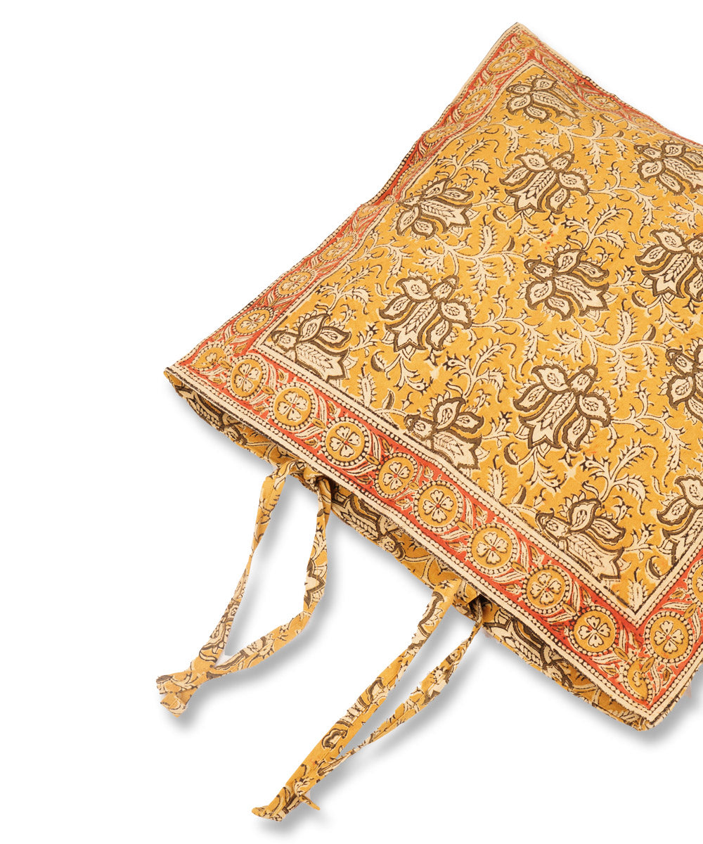 Cream yellow cotton hand block print kalamkari cushion cover