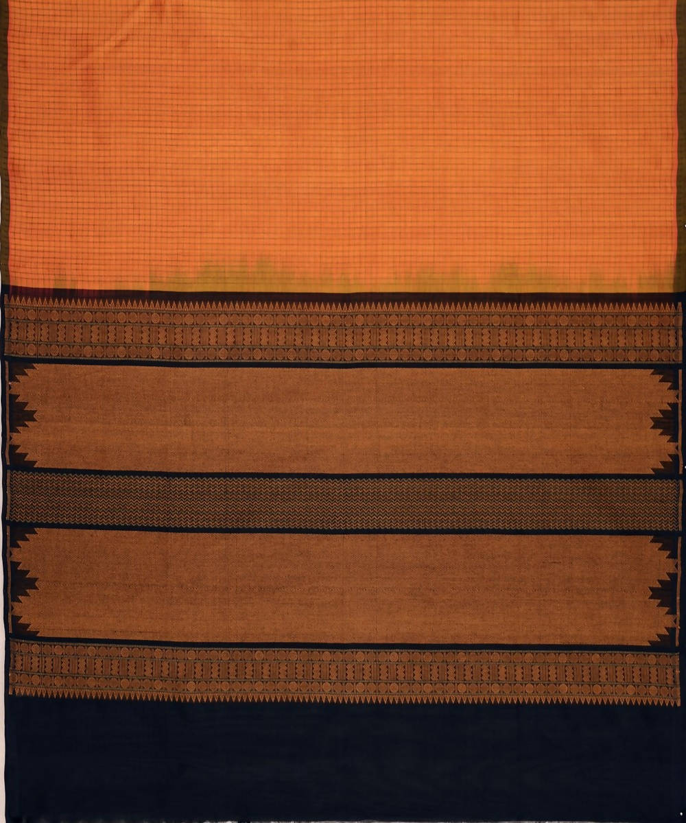 Orange shot kanchi silk cotton saree with checks and black pallu