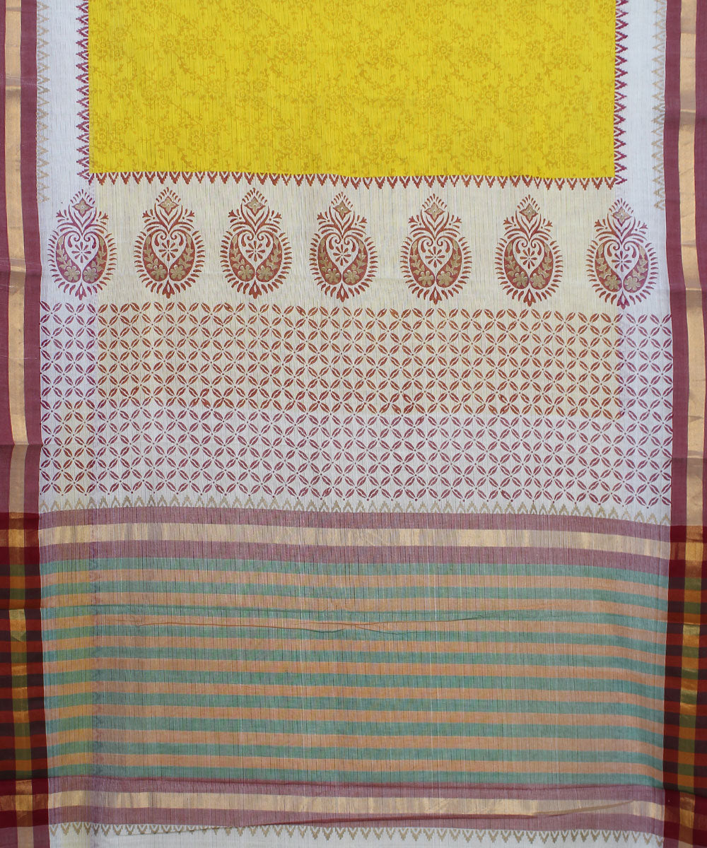 Handloom Hand Printed Yellow Cotton Saree