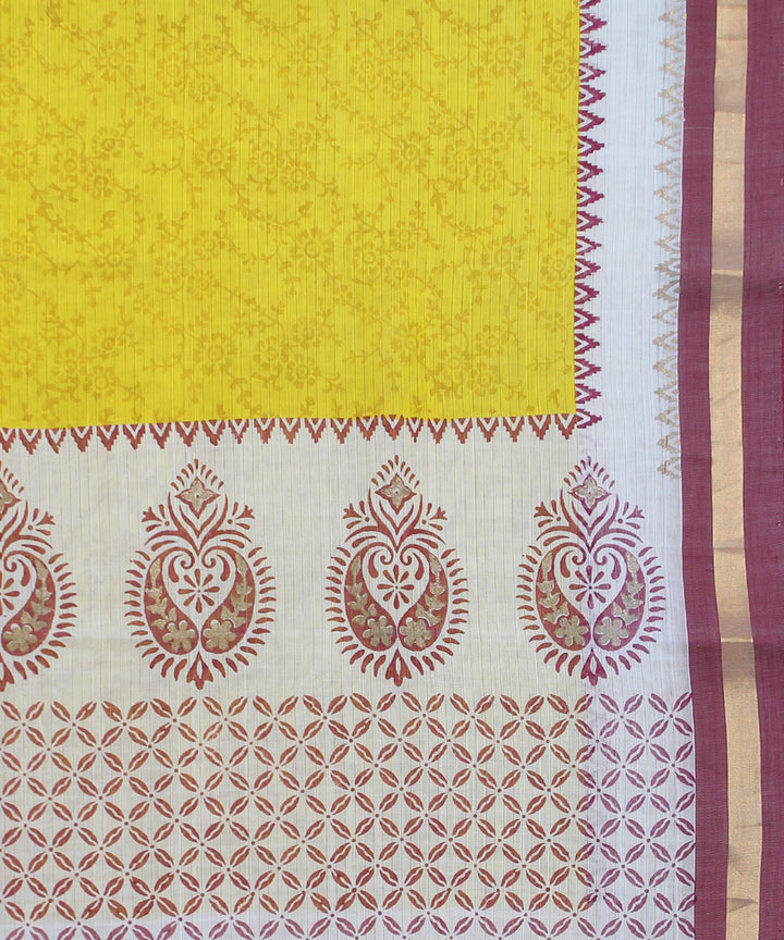 Handloom Hand Printed Yellow Cotton Saree