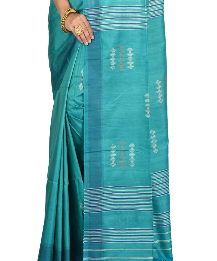 Turquoise Green Bengal handloom handspun tussar saree