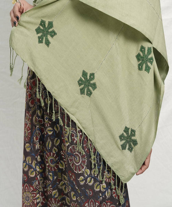 Olive Green hand crafted flowers on cotton stole