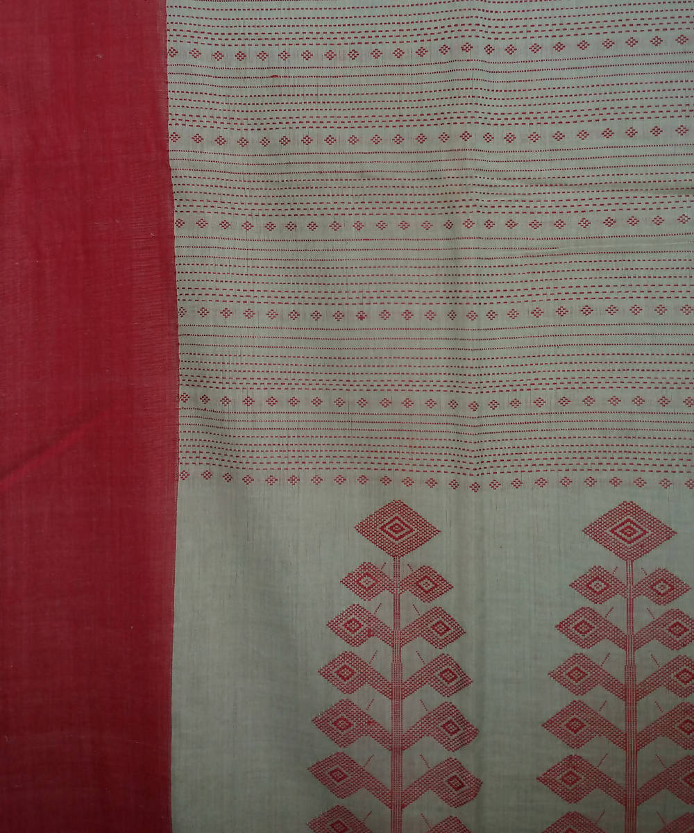 Beige Red Handspun Handwoven Cotton Saree
