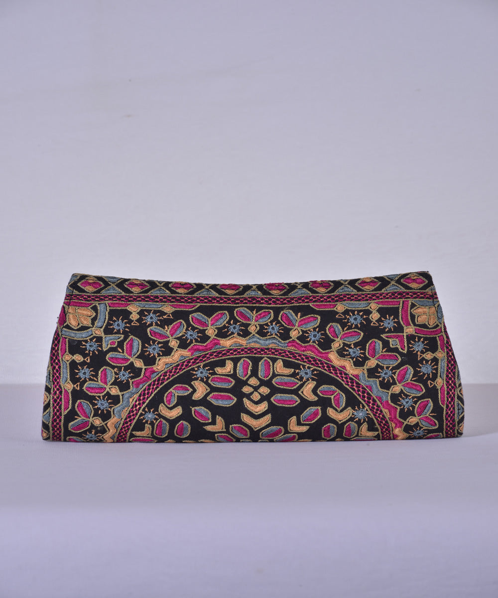 Black multicolor silk kutchy hand embroidery clutch purse