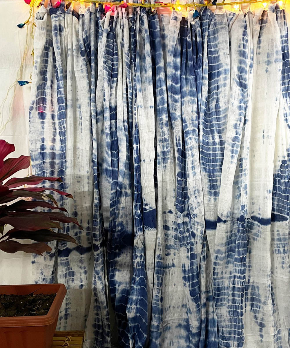 Blue white hand printed tie dye net cotton curtain set of 4