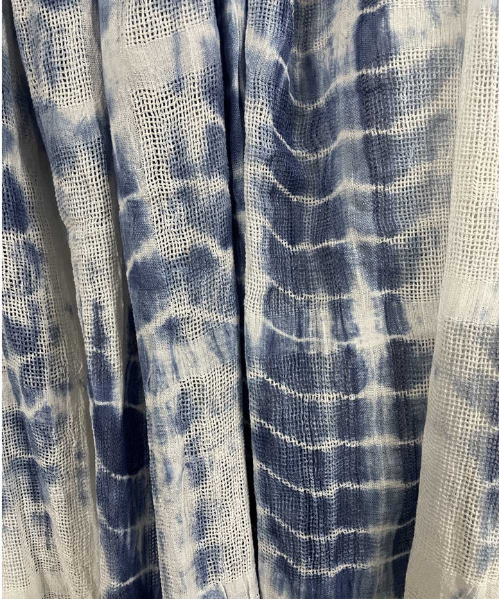 Blue white hand printed tie dye net cotton curtain set of 4