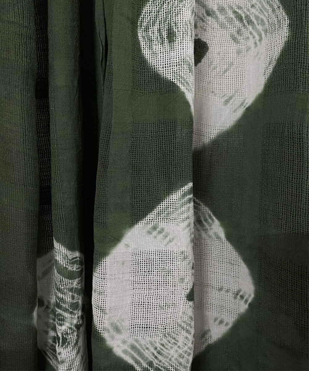 Green hand printed tie dye net cotton curtain set of 4