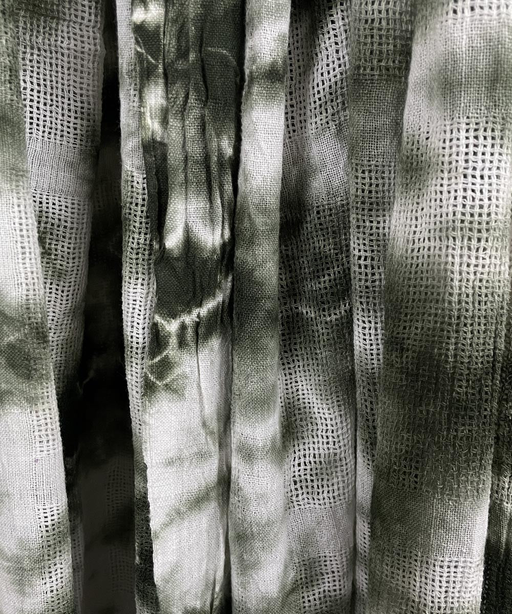 Green white hand printed tie dye net cotton curtain set of 4