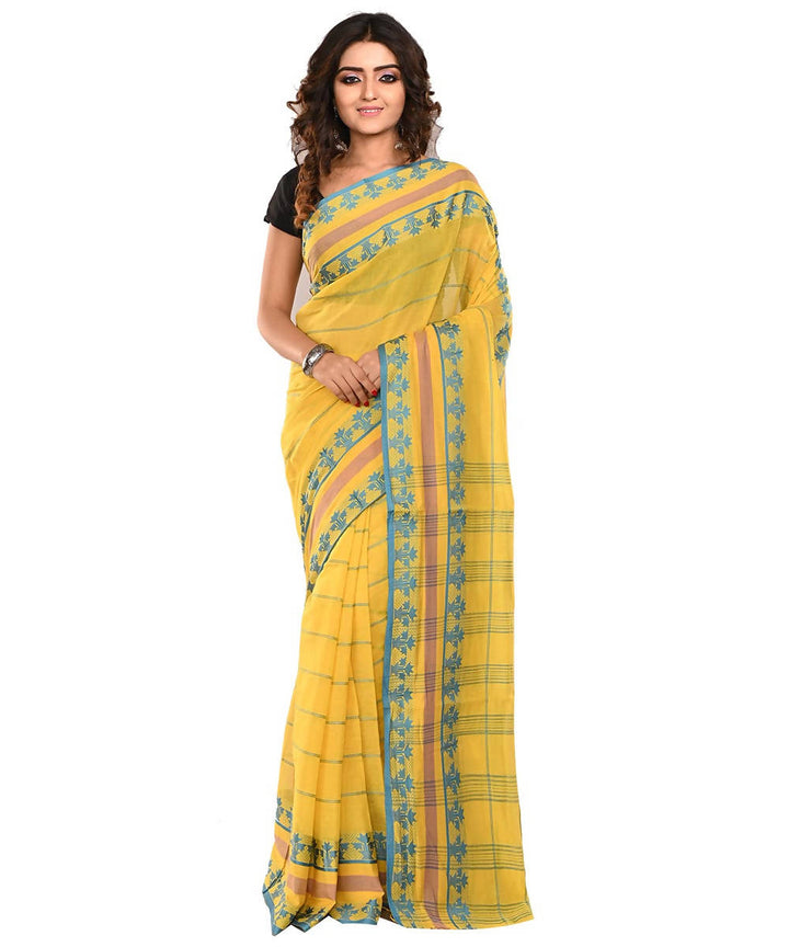 Yellow and Blue Bengal Handloom Cotton Saree
