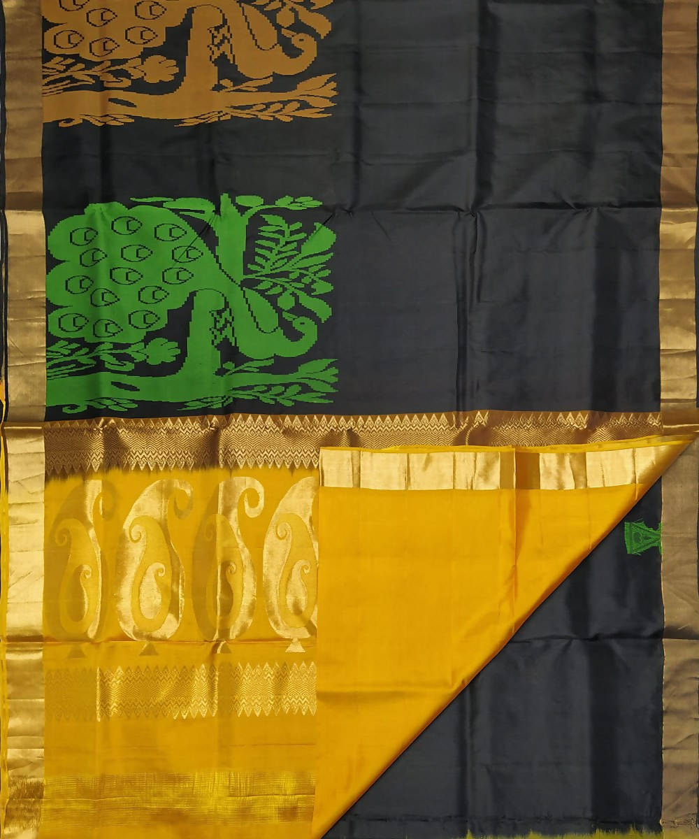 Black with elaborate peacock motifs handloom soft silk saree
