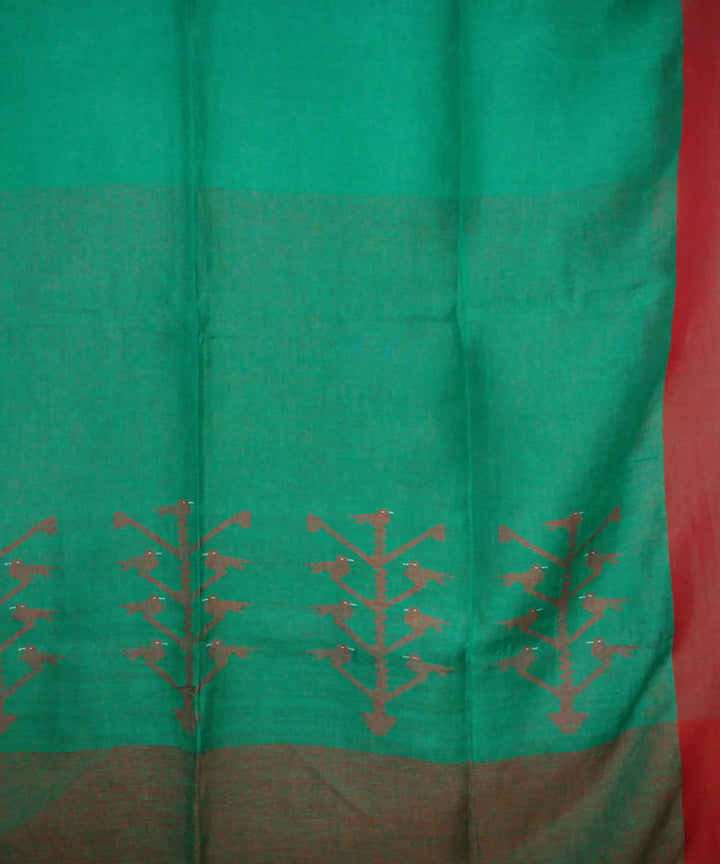 Handwoven bengal jamdani linen green and maroon saree