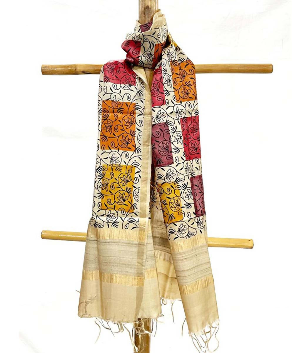 Red orange and yellow handwoven block printed tussar silk stole