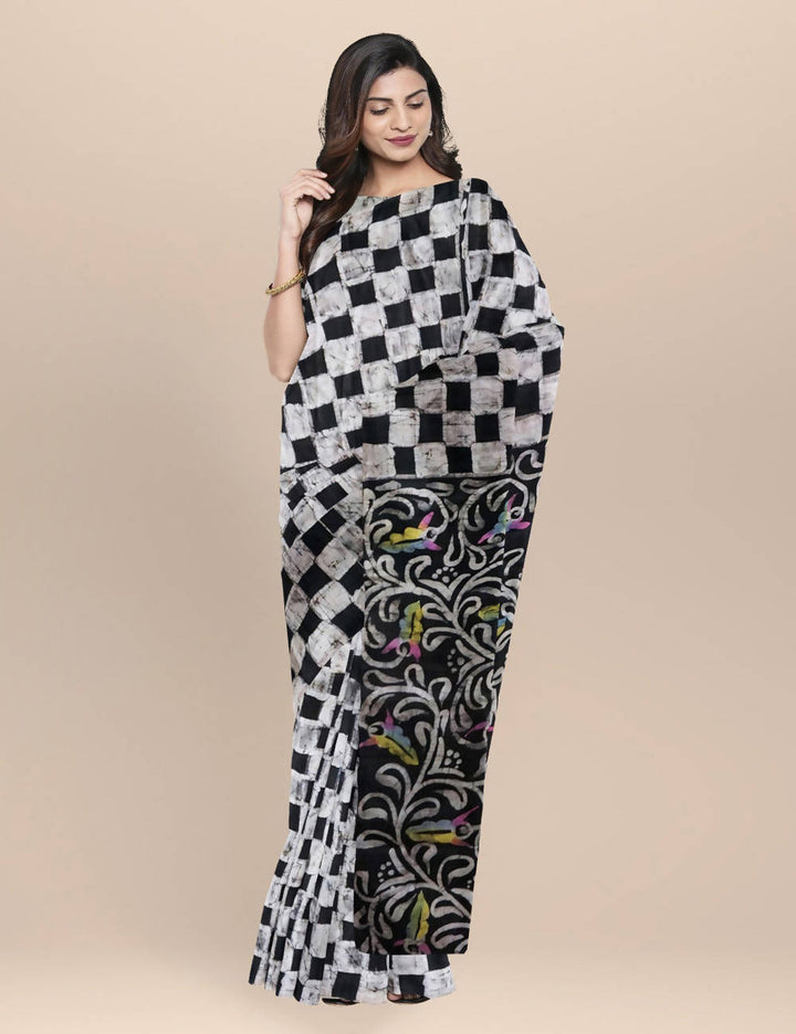 Black and White checquered Batik Handwoven Mulberry Silk saree