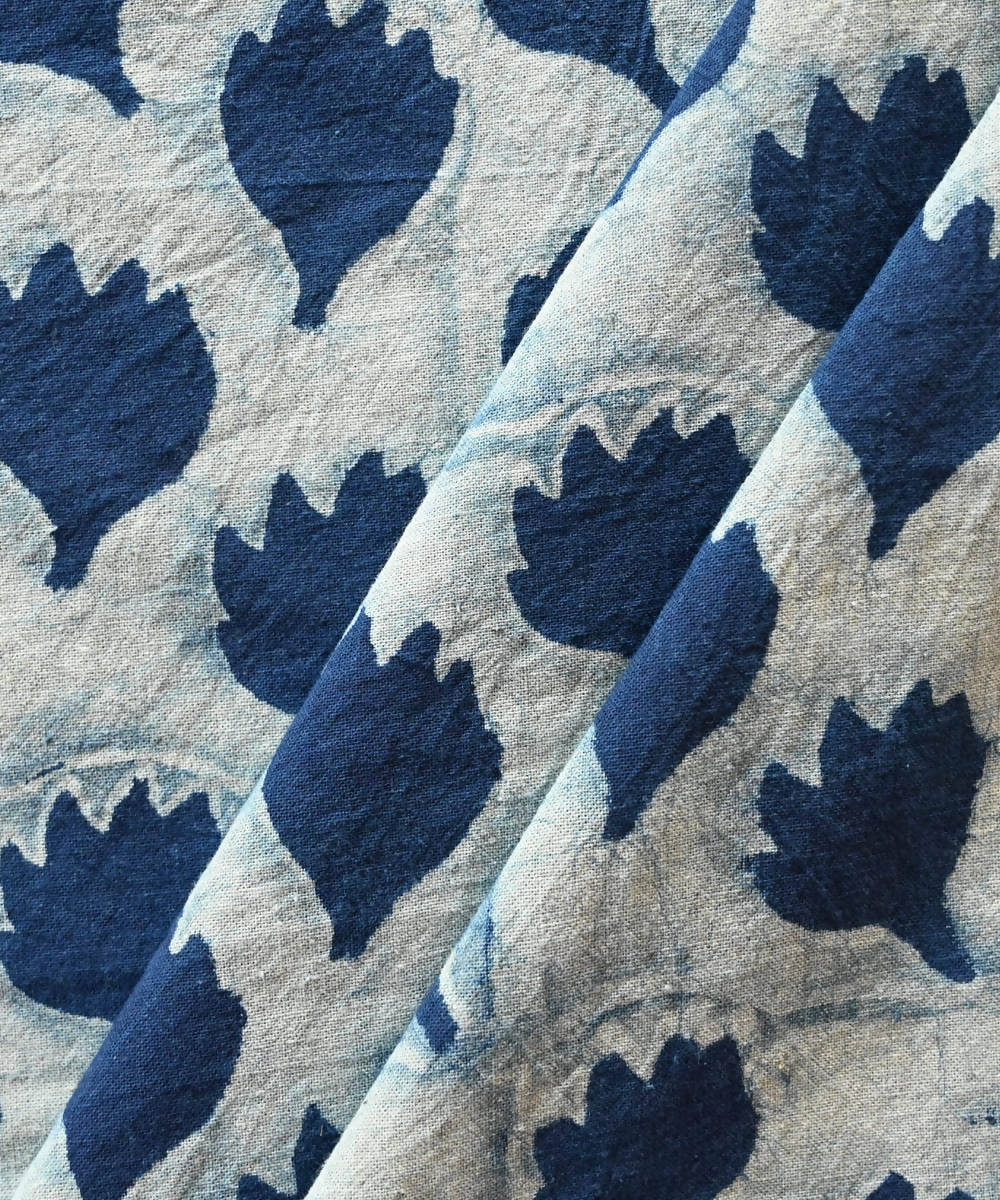 Dark indigo hand blue block print handspun handwoven cotton fabric