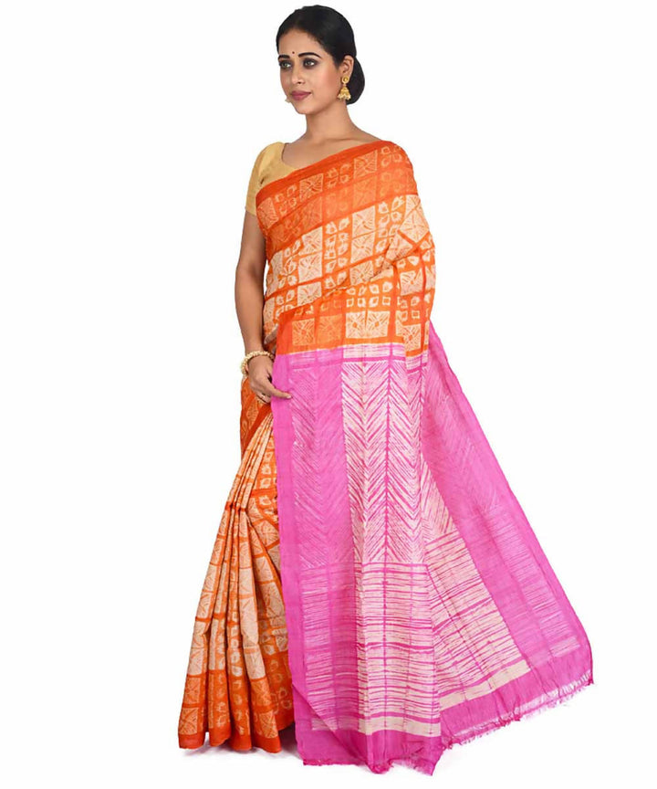 Orange and pink shibori handwoven tussar silk saree