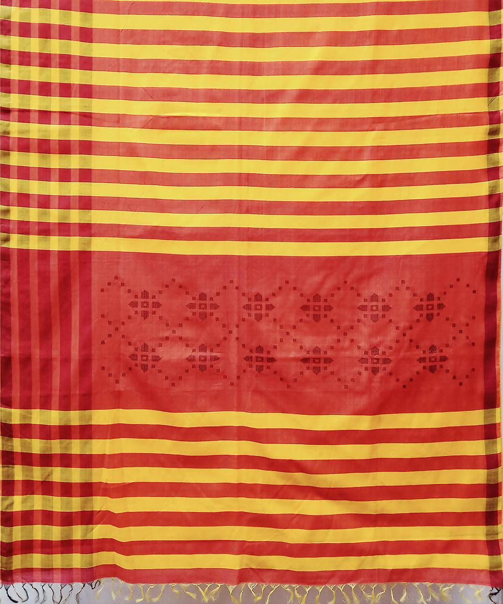 Red yellow hand woven extra weft cotton silk saree
