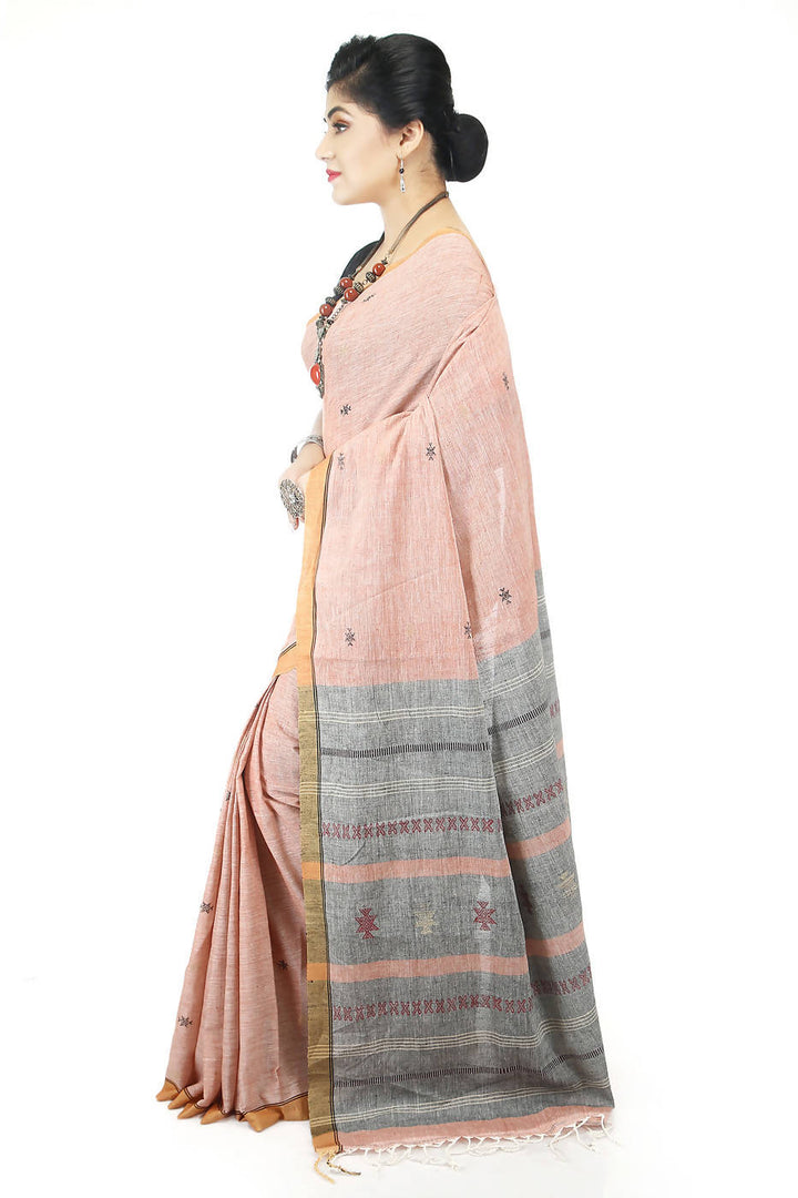 Handloom bengal light brown cotton jamdani saree