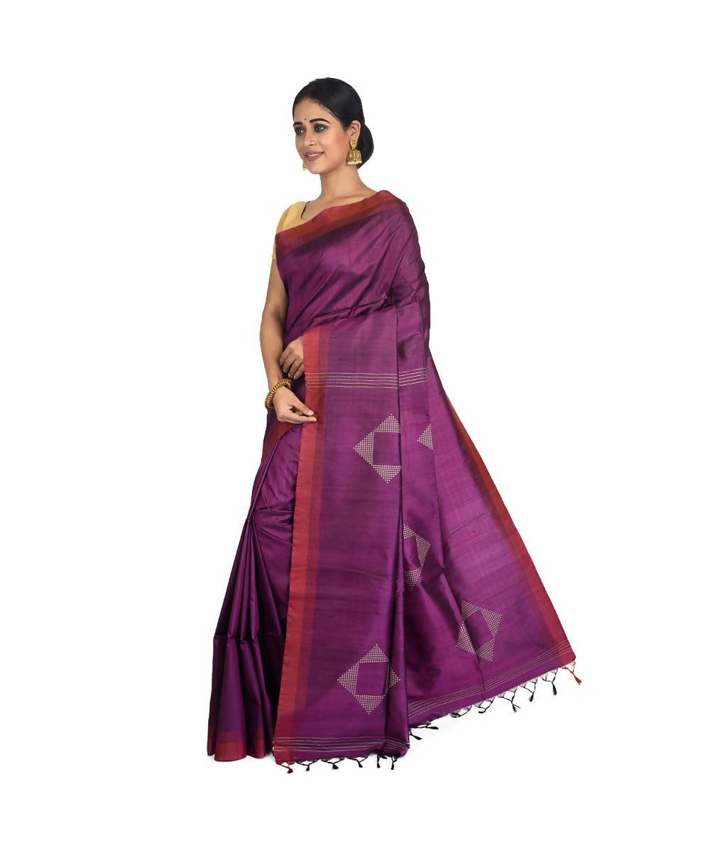 Purple and red Bengal handloom handspun tussar saree