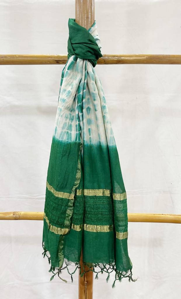 Green and white tussar silk handwoven tie and dye stole