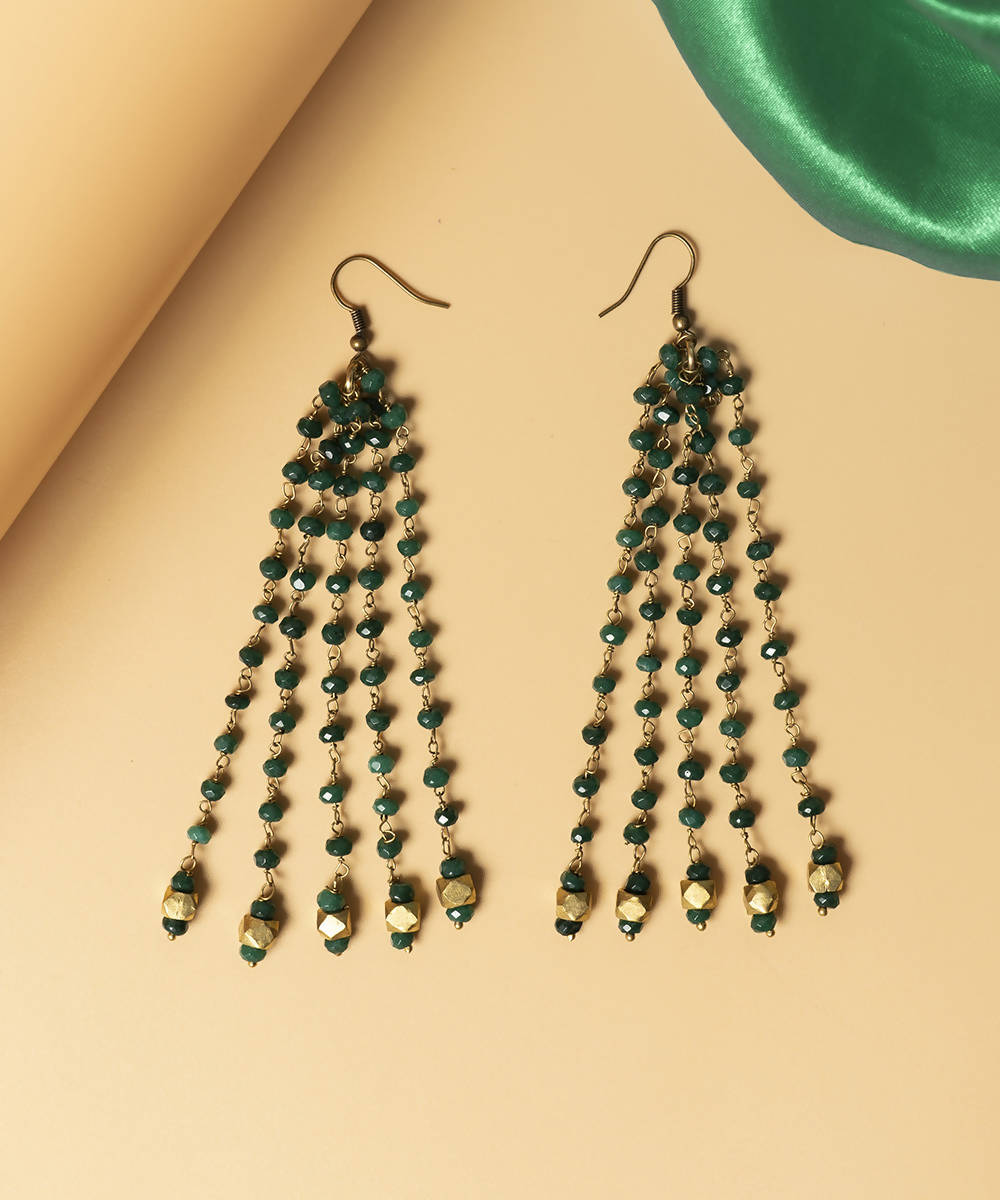 Emerald green handcrafted semi precious gemstone dhokra brass earring