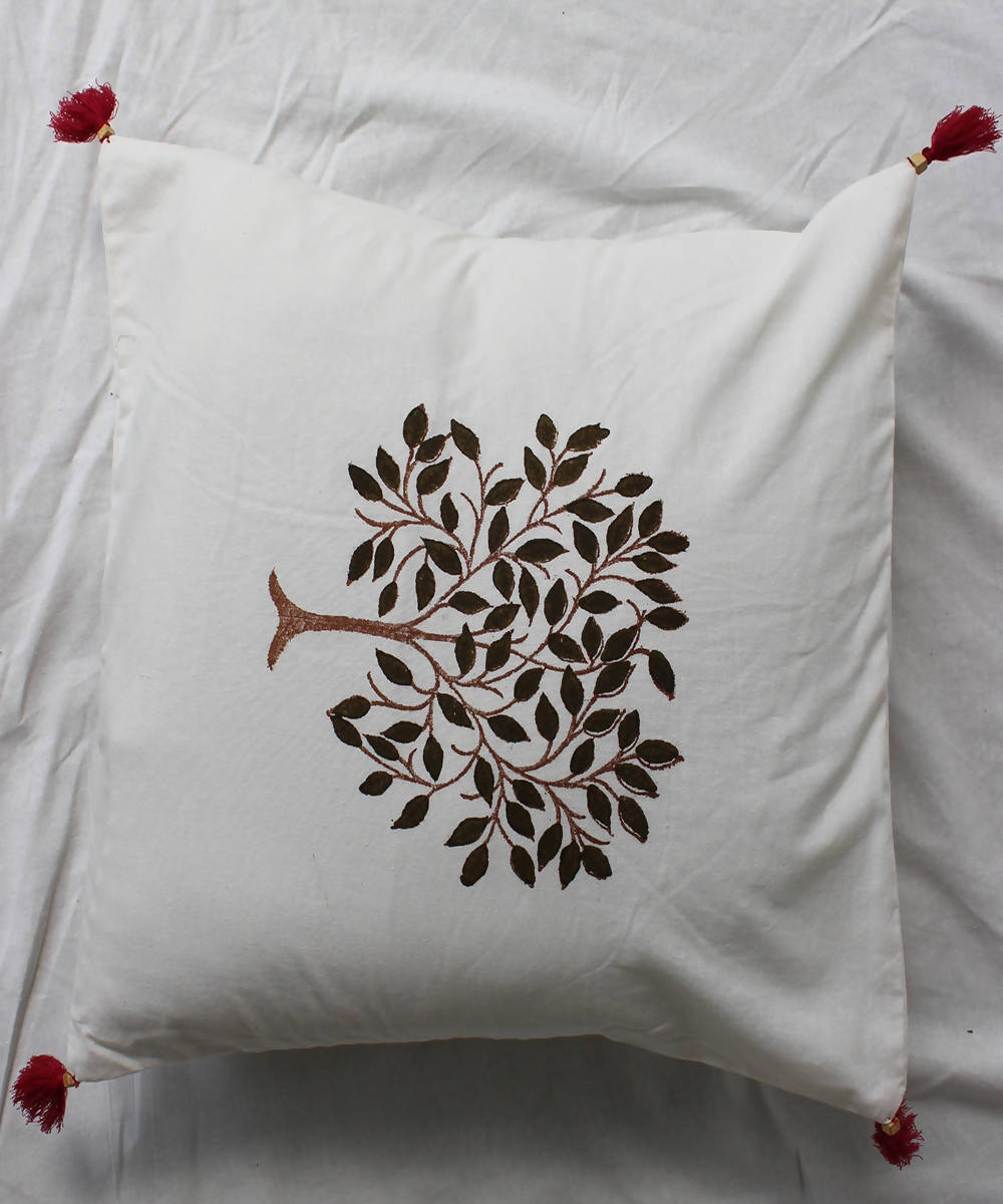 Handblock printed beige ivory cotton cushion cover