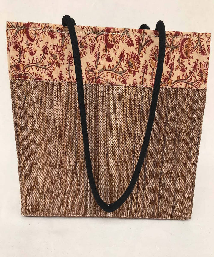 Brown and kalamkari panel handmade banana fibre tote bag