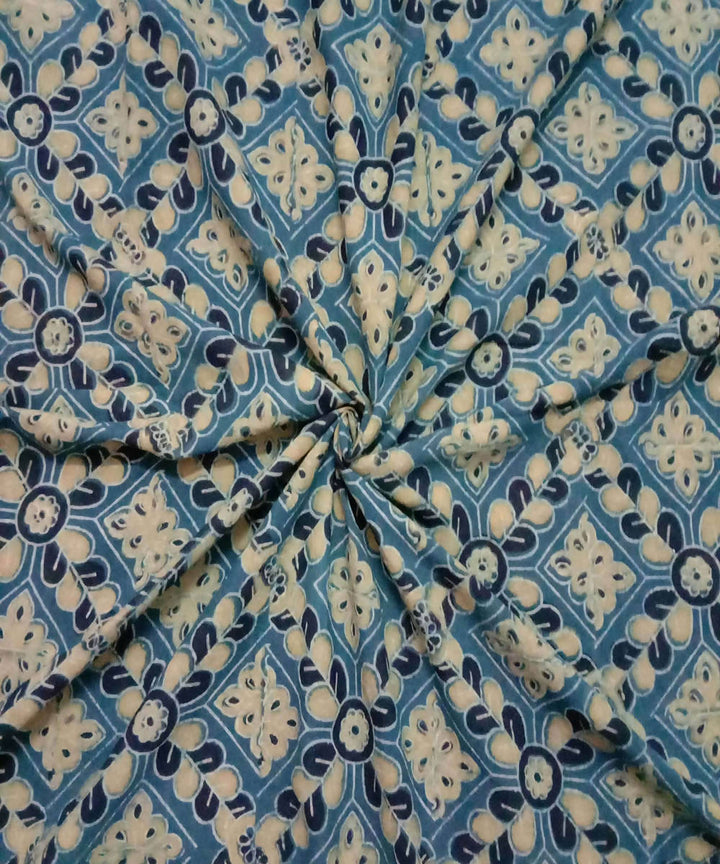 Blue white natural dye ajrakh print handspun handloom cotton fabric (2.5m per qty)