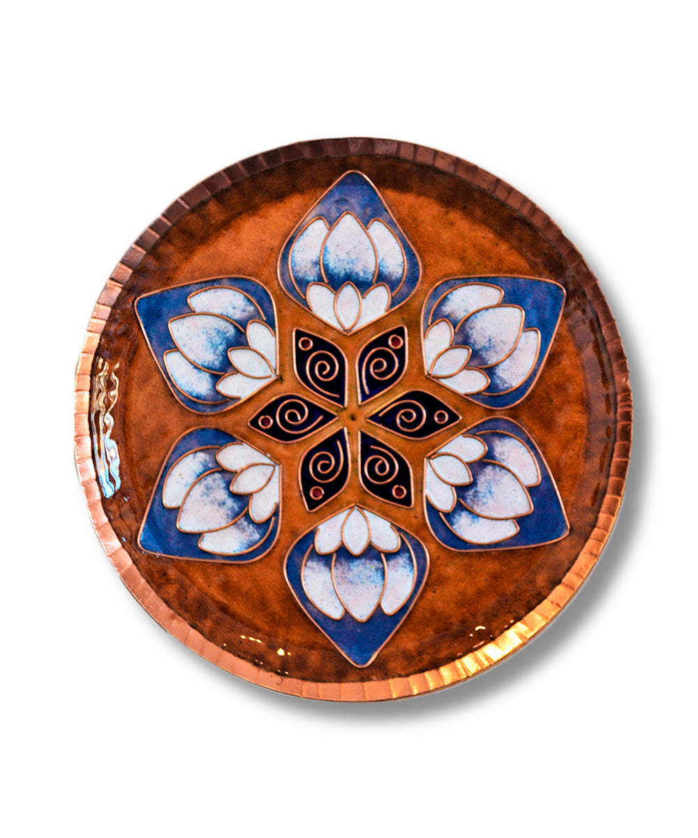 Brown blue handcrafted copper enamel wall plate