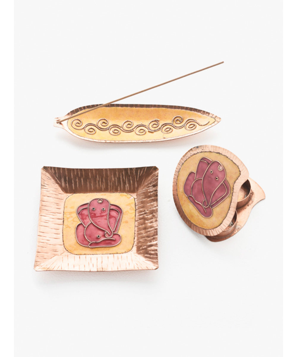 Yellow handcrafted ganesha plate, kumkum and agarbatti holder set