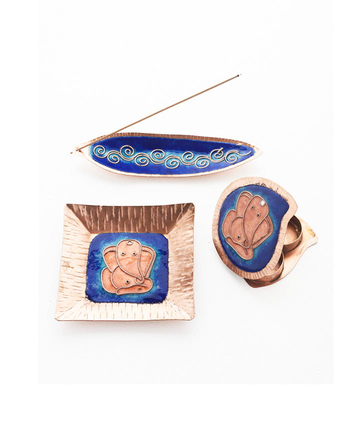 Blue handcrafted ganesha plate, kumkum and agarbatti holder set