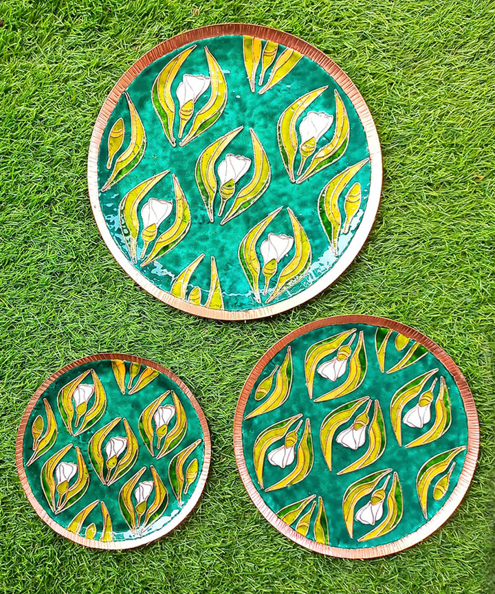 Green handcrafted copper enamel wall plate