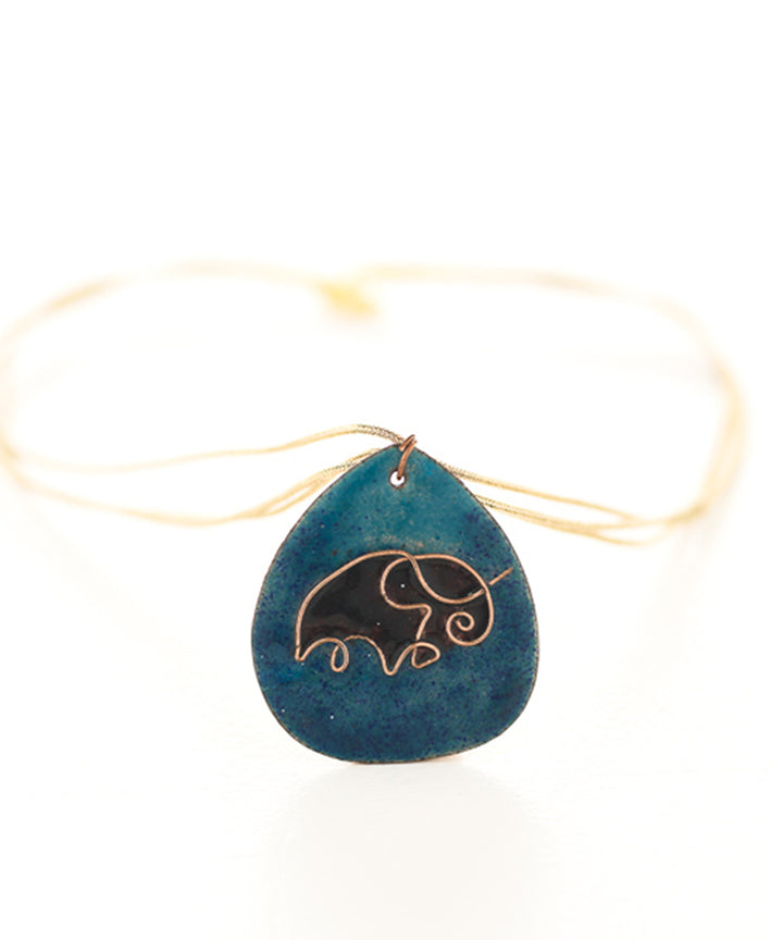 Blue elephant copper enamel pendant with cotton string
