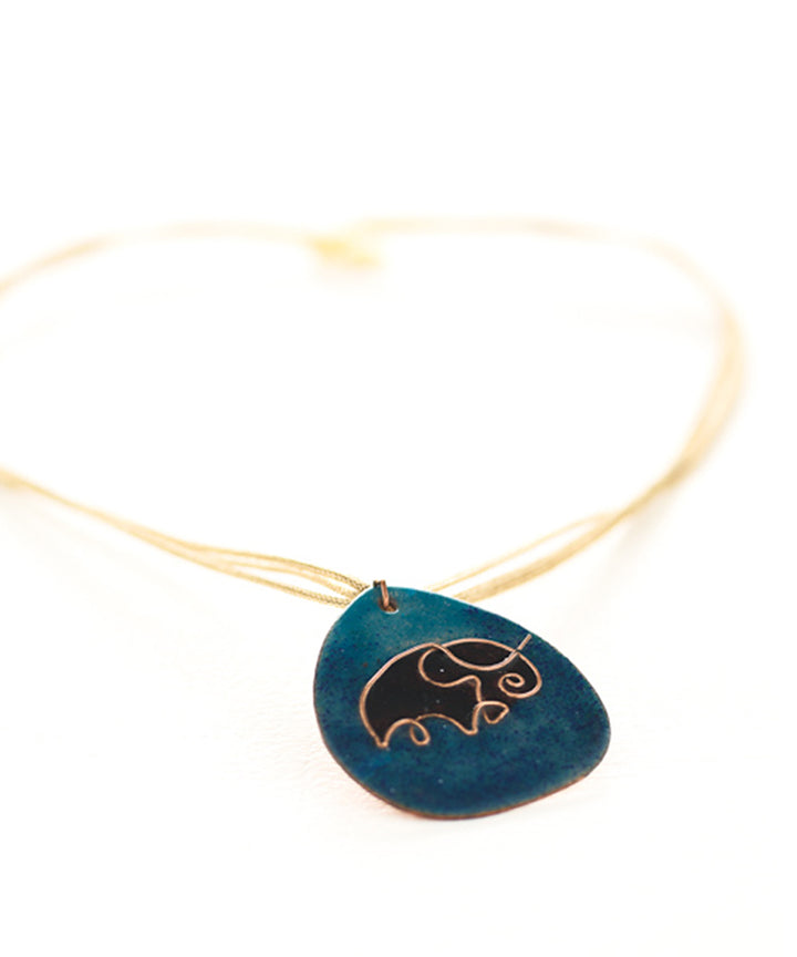 Blue elephant copper enamel pendant with cotton string