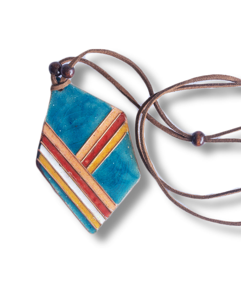 Multicolor faux leather copper enamel pendant with wood beads string