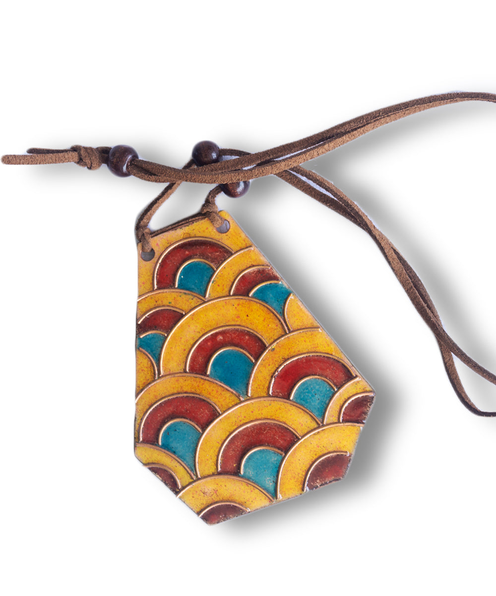 Multicolour faux leather copper enamel pendant with wood bead string
