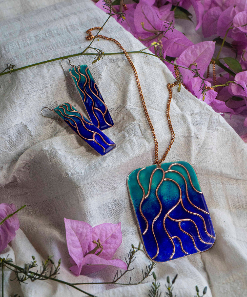Blue handcrafted copper earring and pendant set