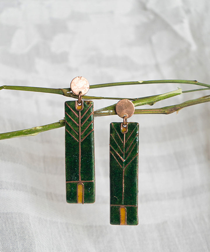Green handcrafted rectangular copper stud earring