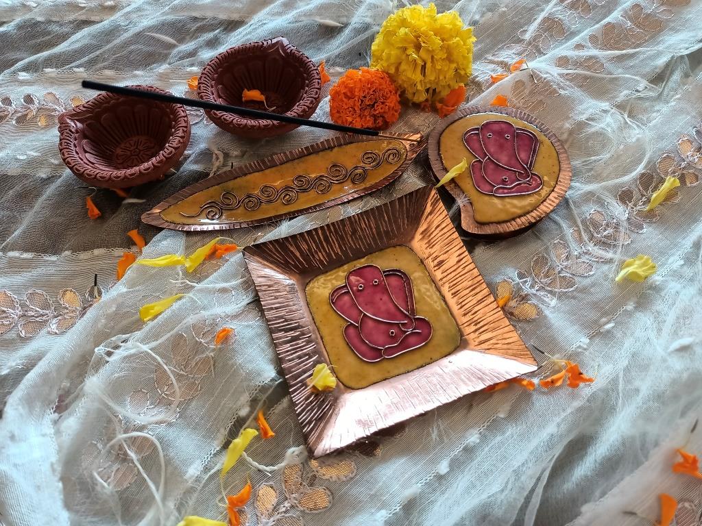 Hand crafted copper plate agarbatti holder and terracotta diya set