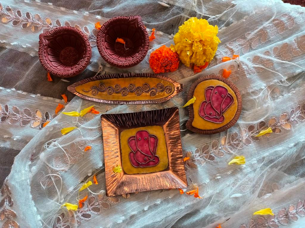 Hand crafted copper plate agarbatti holder and terracotta diya set