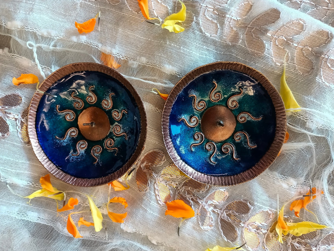 Blue handcrafted copper enamel candle holder set of 2